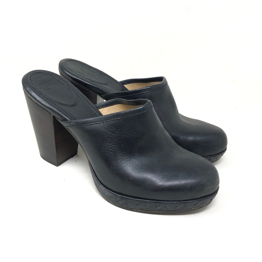 Frye Womens 9 Black Leather Platform Clog Mules Chunky Block Heel Round Toe